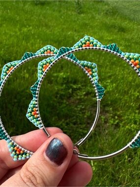 Beaded Turquoise Hoop Earrings with Orange Accents - handmade